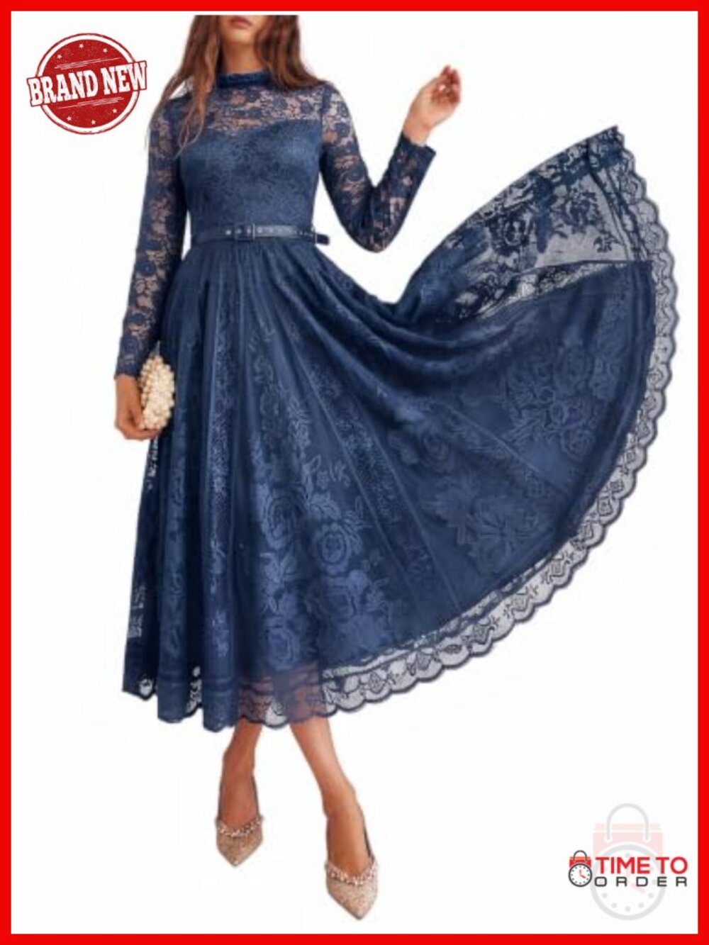 Women's Long Sleeve Lace A-Line Midi Dress Formal Wedding Guest